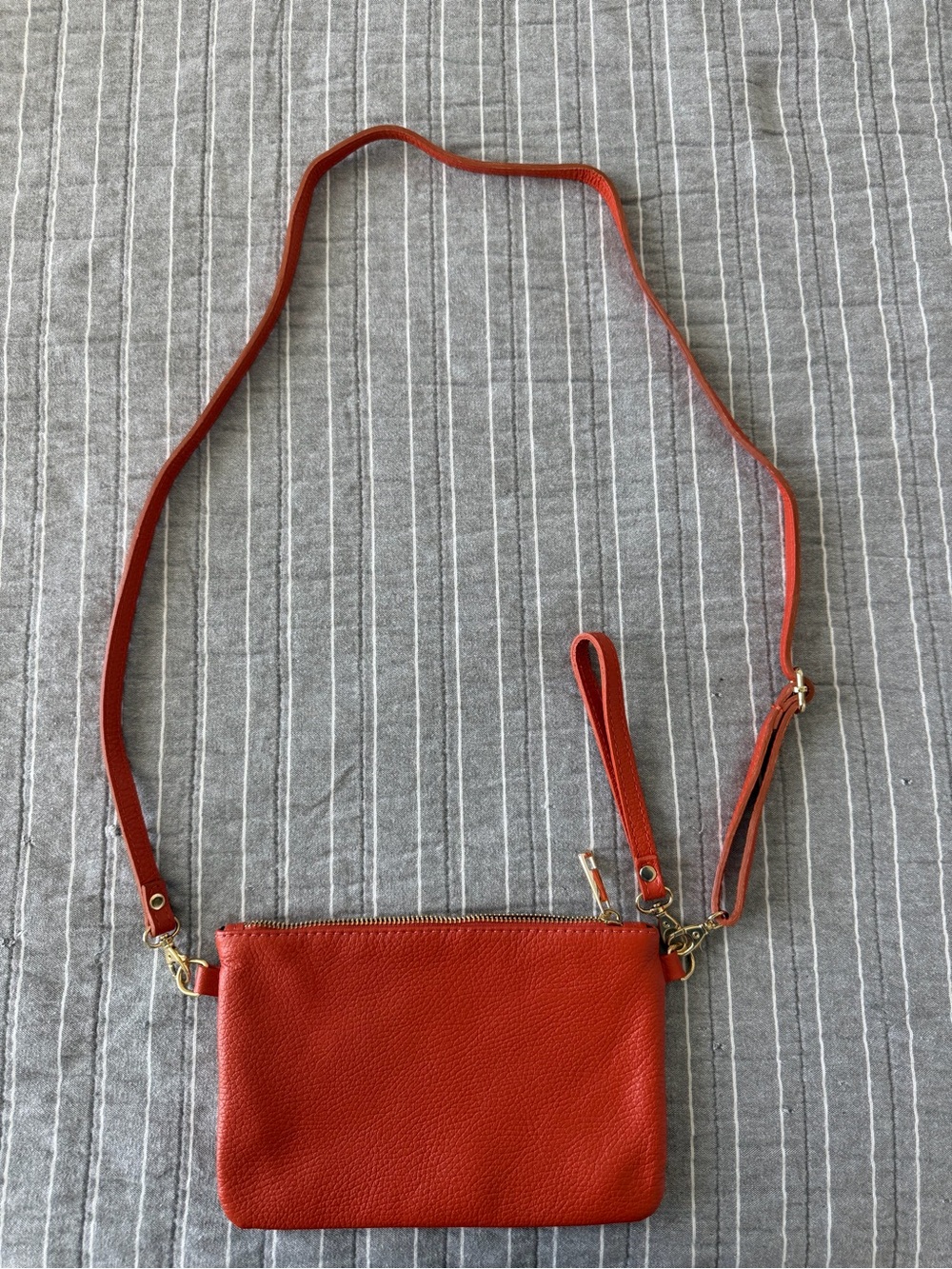 ITALIAN LEATHER Adjustable Crossbody BAG PUMPKIN Pebbled Zip Envelope Clutch EUC